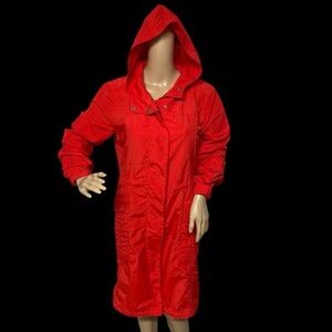 Eileen Fisher Fire Red S/P Windbreaker Coat Hooded High Neck 5 Pockets in EUC
